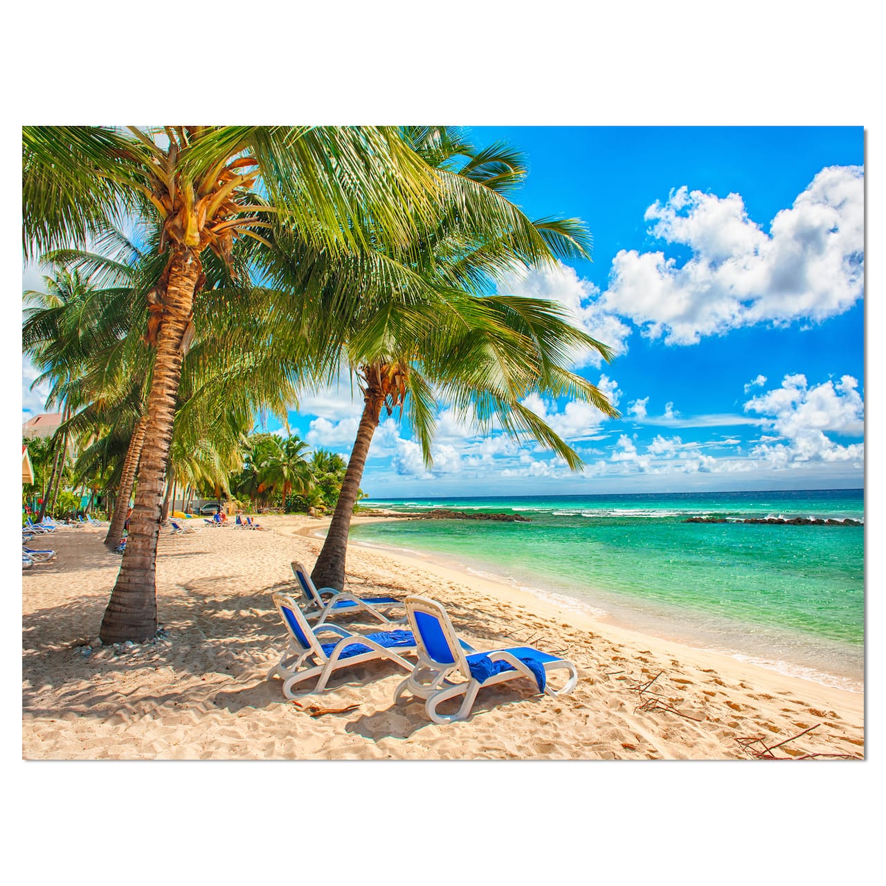 Designart - Blue chairs at the tropical white sand beach - Landscapes Sea & Shore Photographic on wrapped Canvas